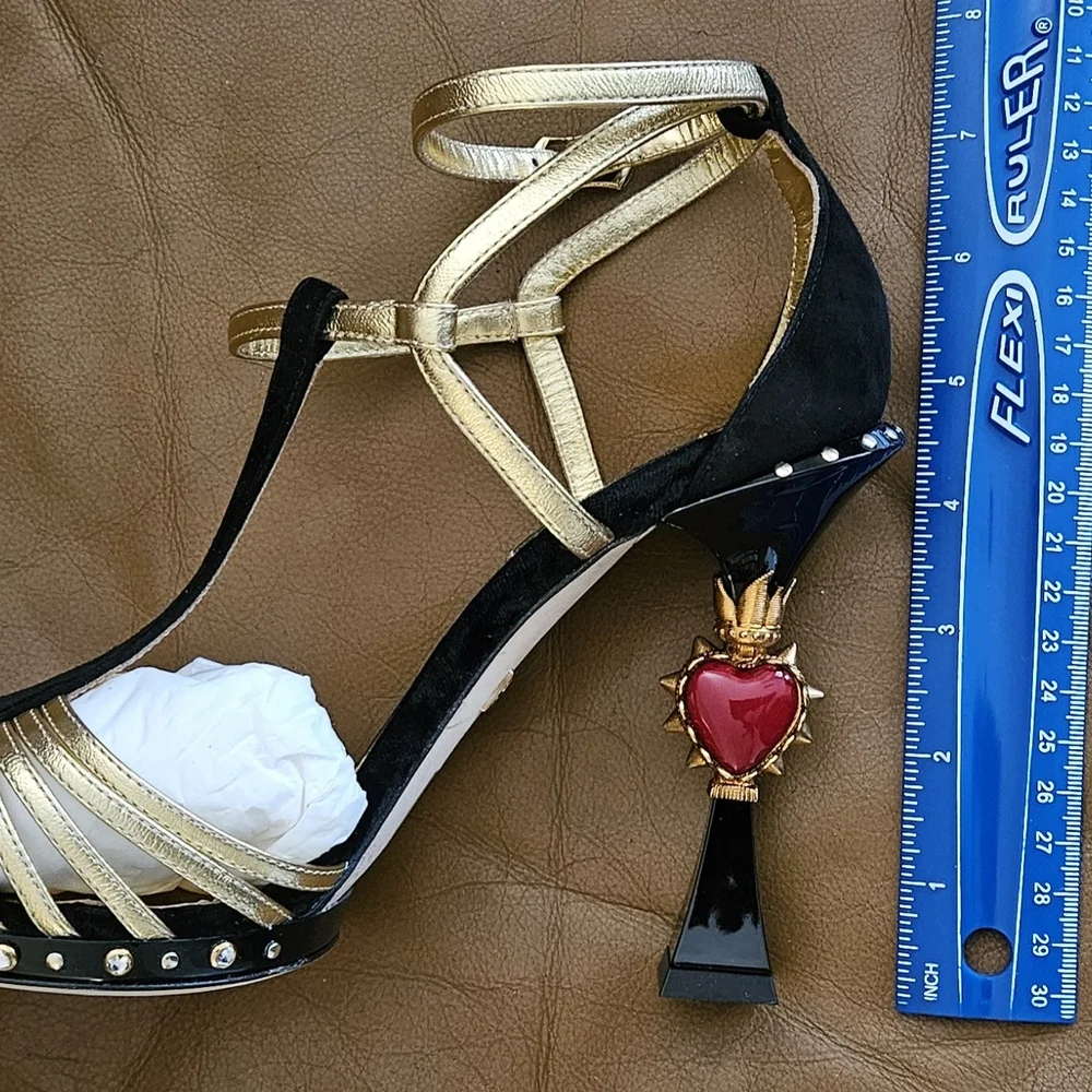 Dolce & Gabbana Black Suede Metallic Gold Leather Luxury Heels Size 8 US (MINT) - Picture 11 of 16